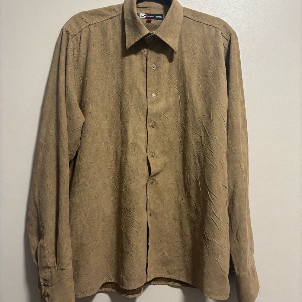 Vintage Tan Casual Button Down Shirt with Relaxed Fit Faux Suede